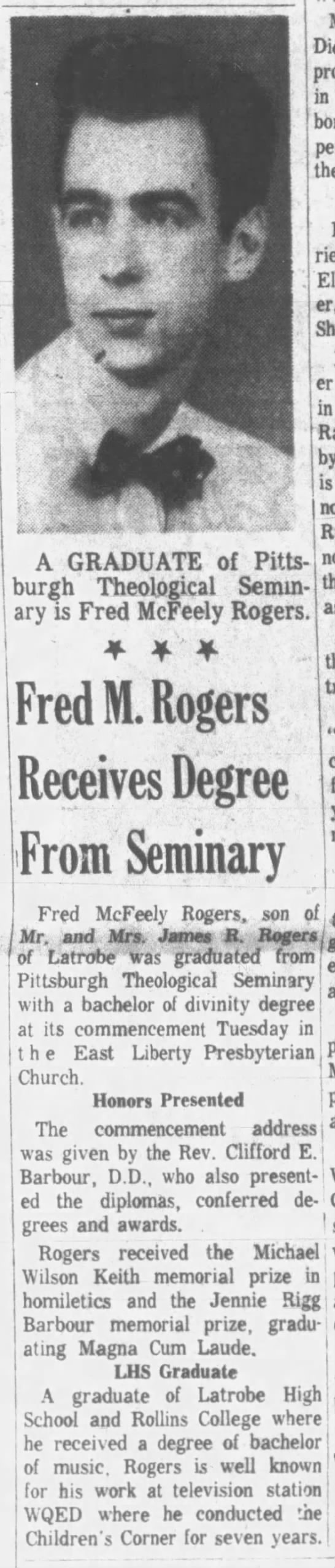 Fred Rogers graduates from Pittsburgh Theological Seminary. - 