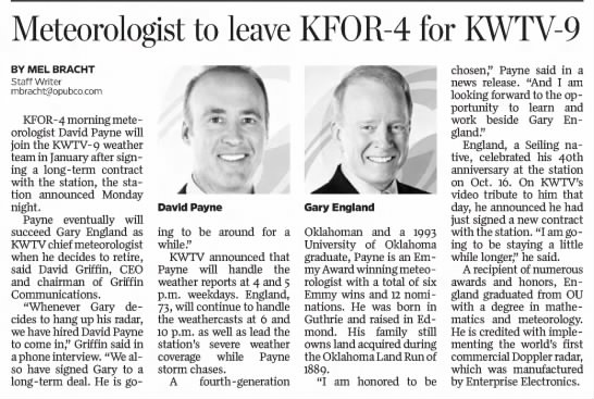 Meteorologist David Payne to leave KFOR-4 for KWTV-9 - 