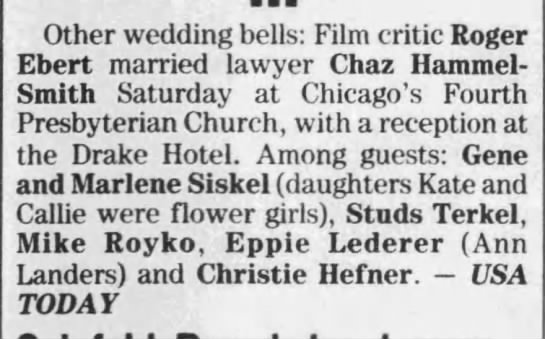 1992 Ebert marries Hammelsmith; reception at the Drake Hotel - 