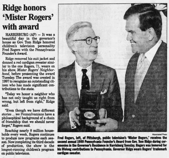 Fred Rogers receives Pennsylvania Founder's Award. - 