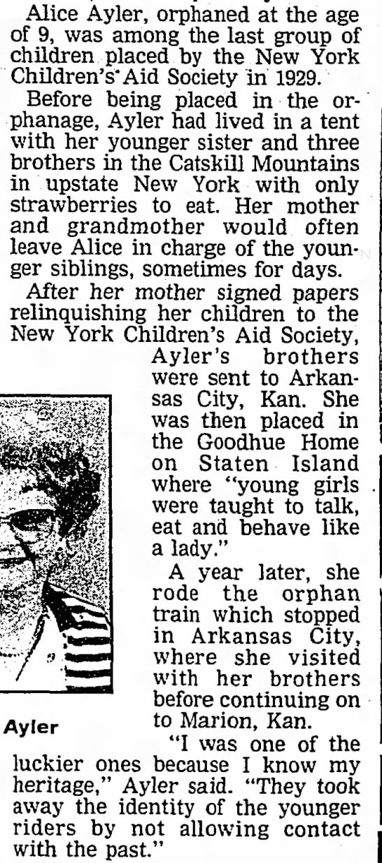Alice Ayler rides Orphan Train to Marion, Kansas - 