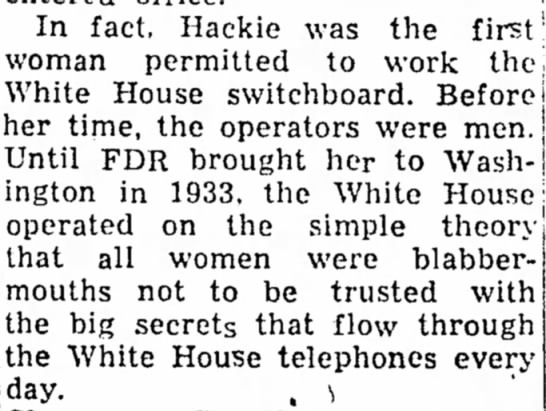 Hackie first woman to work the White House switchboard - 