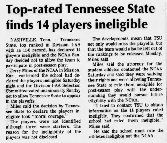 Top-rated Tennessee State finds 14 players ineligible - 