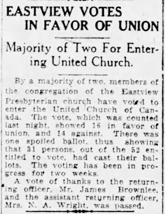 Eastview Presbyterian Church votes for union - 