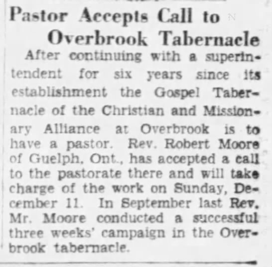 Overbrook Gospel Tabernacle first pastor - 