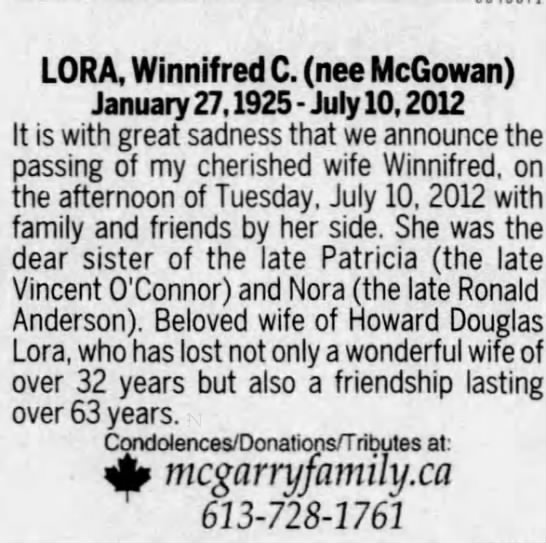 Obituary: Winnifred C. LORA nee McGowan, 1925-2012 - 