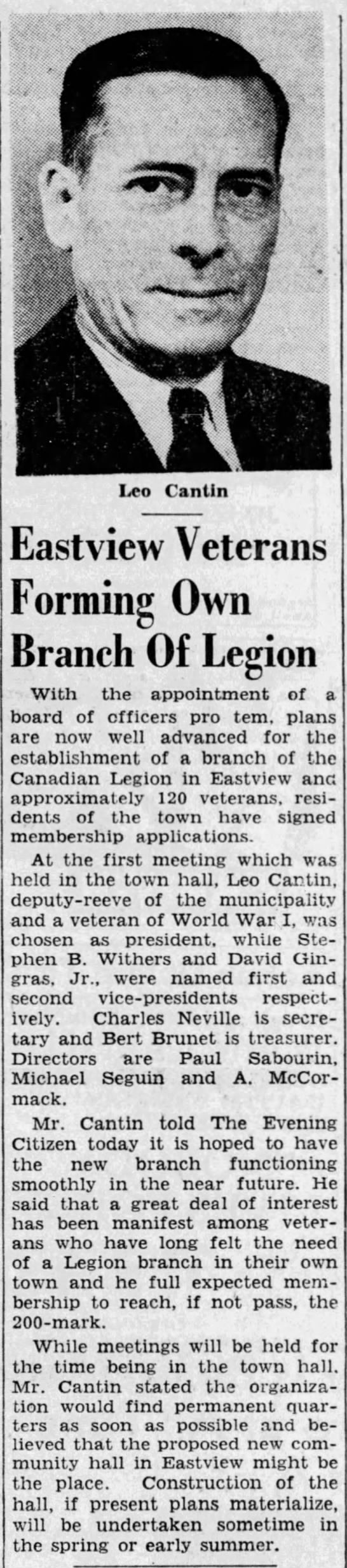 Rideau Branch (Eastview) of Royal Canadian Legion founded - 