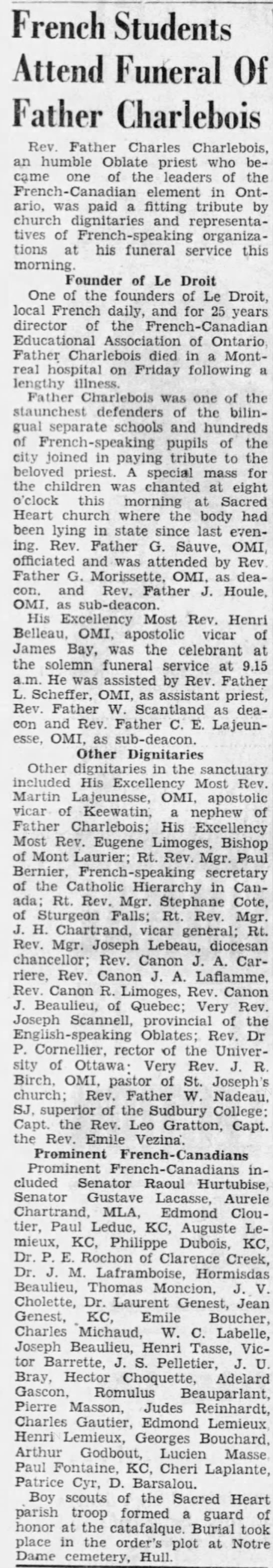 Funeral of Rev Charles Charlebois - 