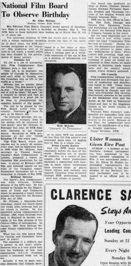 McLean, John. National Film Board To Observe Birthday. 16 Apr 1949. The Ottawa Citizen. P 13. - 