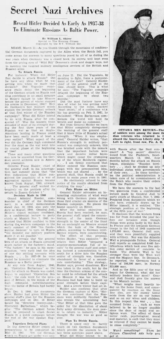 1946 newspaper column discusses Hitler's plans "to eliminate Russians as Baltic power" - 