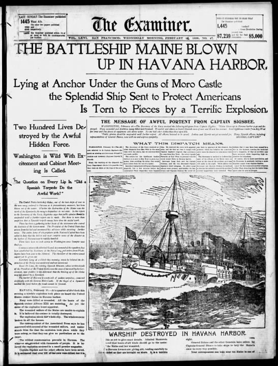 Newspaper headlines announce "The Battleship Maine Blown Up in Havana Harbor" - 