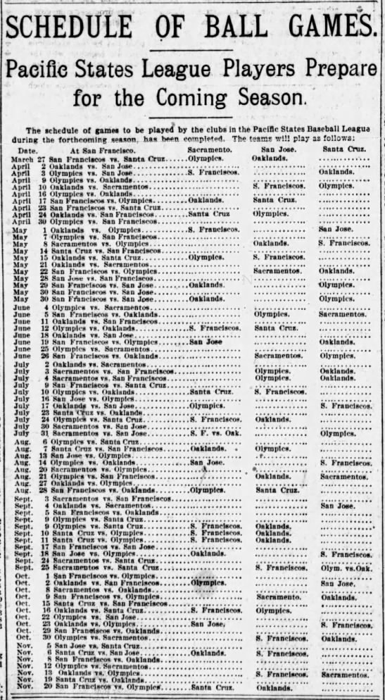 1898 Pacific States League schedule - 