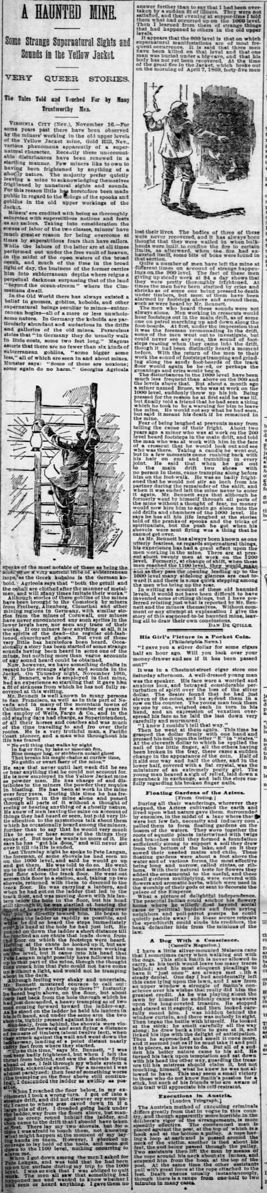 "A Haunted Mine - Some Strange Supernatural Sights and Sounds in the Yellow Jacket" (1887) - 