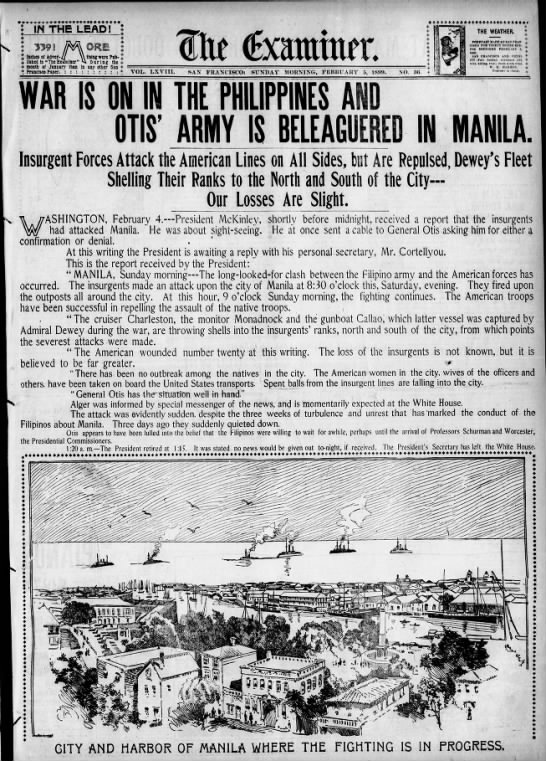 U.S. newspaper front page coverage of the outbreak of the Philippine-American War in Feb 1899 - 