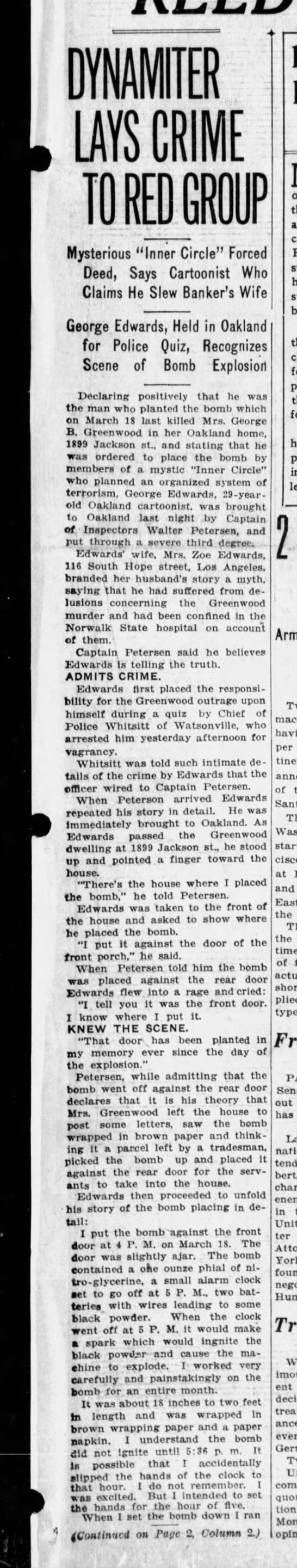 Dynamiter Lays Crime to Red Group - S.F. Examiner September 23, 1919 - 