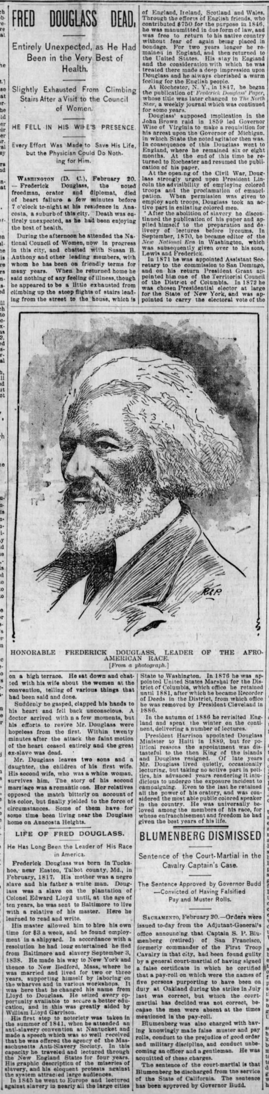 Newspaper obituary (with picture) for Frederick Douglass after his death on February 20, 1895 - 