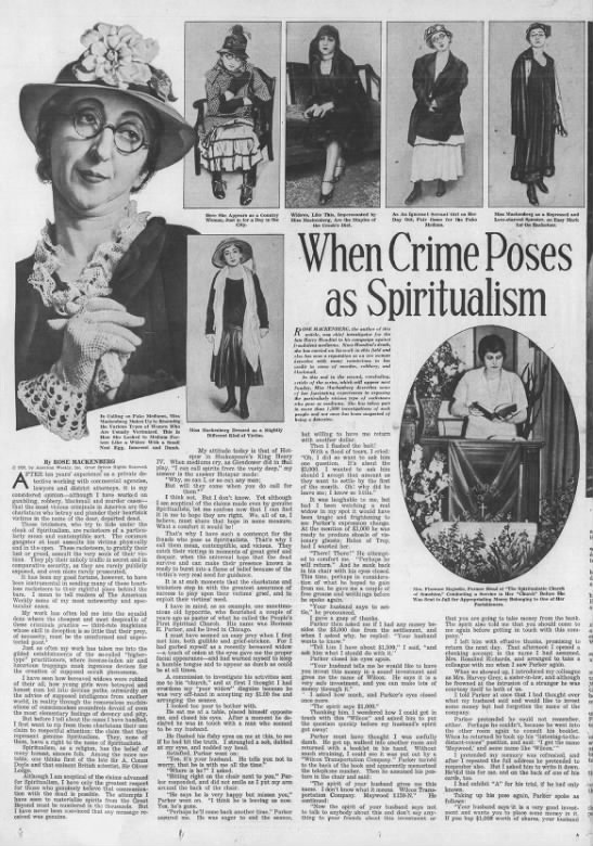 "When Crime Poses as Spiritualism" by Rose Mackenberg, 1939 - 