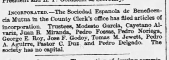 Jose F. Godoy is one of the original incorporators of the Sociedad Espanola de Beneficencia Mutua - 