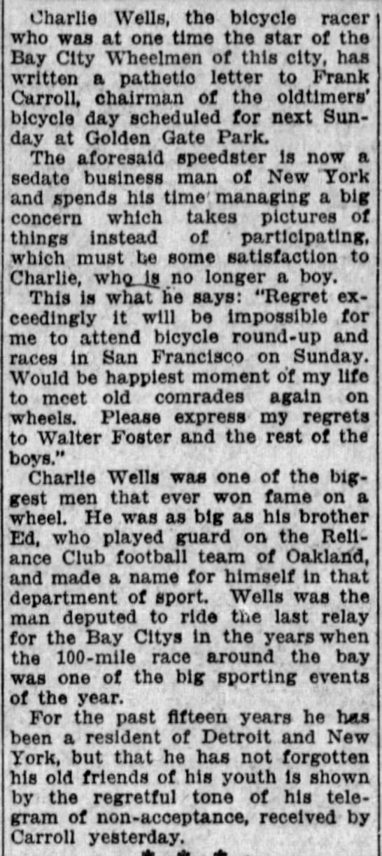 Charlie Wells, the bicycle racer who was at one time the star of the Bay City Wheelmen - 