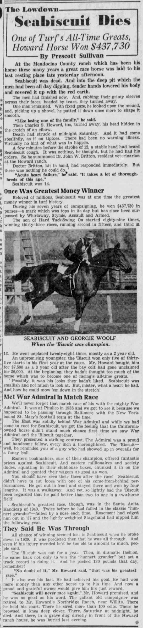 1947 obituary for Seabiscuit, "one of turf's all-time greats" - 