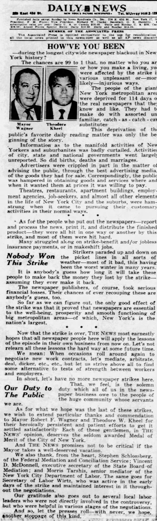 ."We have news for you" (1963 newspaper strike headline). - 