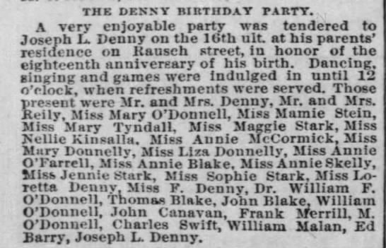 Joseph Denny's 18th birthday party- 1887 - 