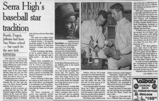 Serra High's baseball team; feature pieces noting Barry Bonds as an alumni among others. - 