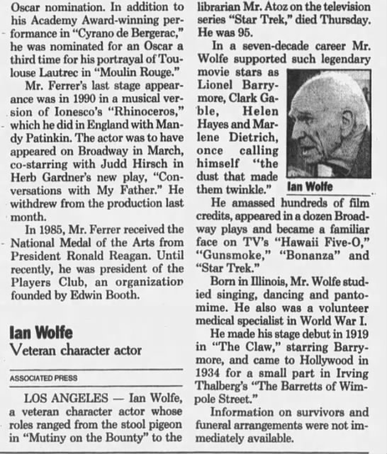 More complete clipping of Wolfe obituary - 