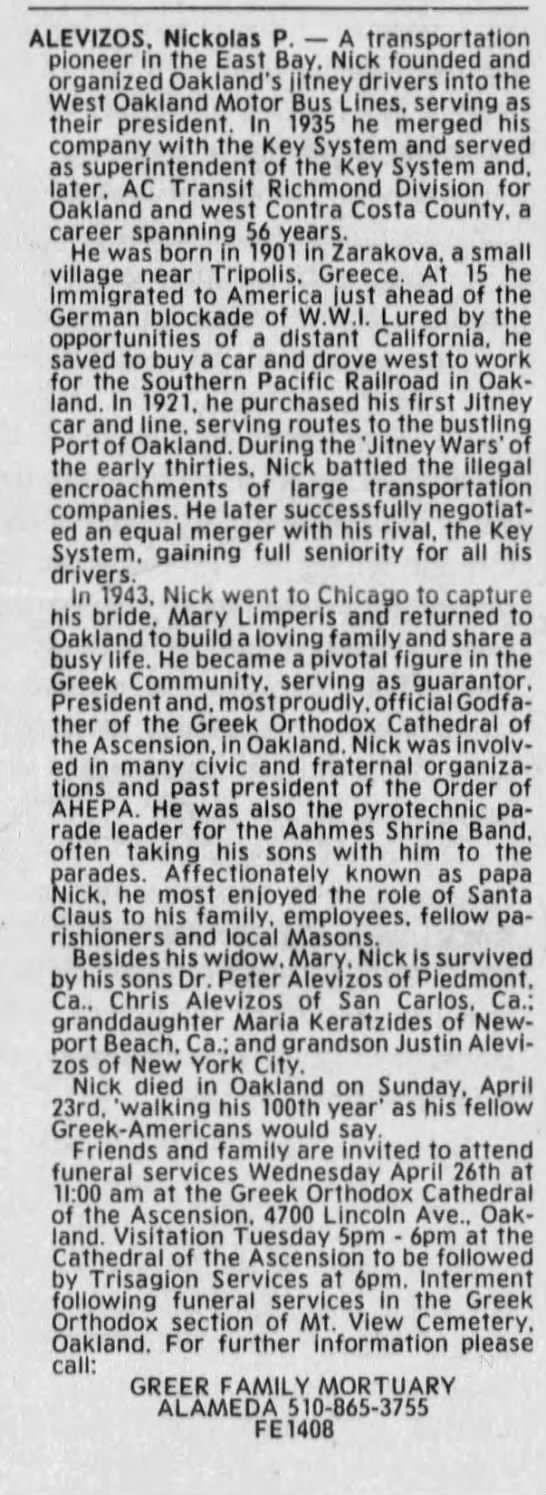 Obituary Nickolas P. Alevizos Apr 25, 2000. - 