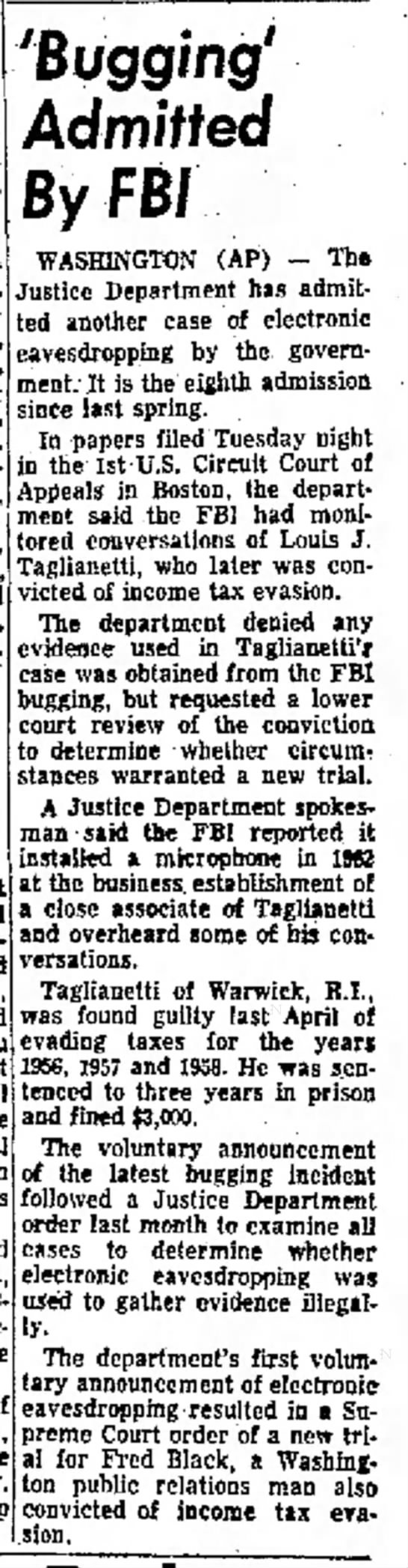 FBI admits bugging (28 Dec 1966) - 