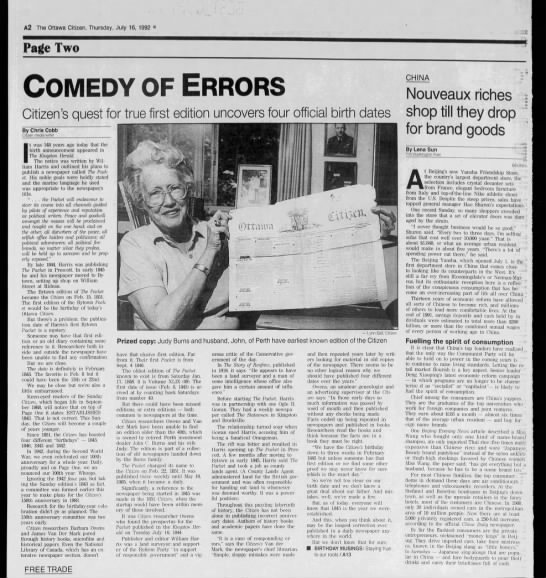 Chris Cobb, "Comedy of Errors," Ottawa Citizen, July 16, 1992, A2. - 