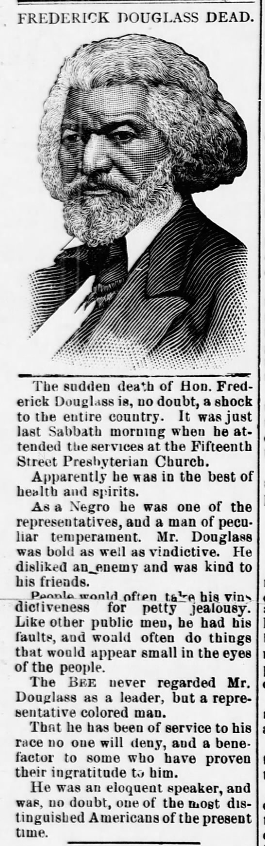 1895 newspaper obituary with criticisms of Frederick Douglass - 