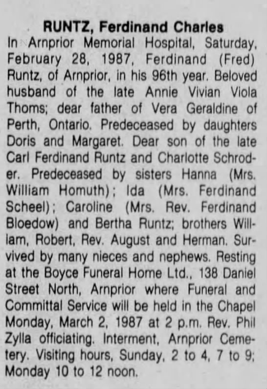 Obituary: Ferdinand Charles RUNTZ (Aged 96) - 