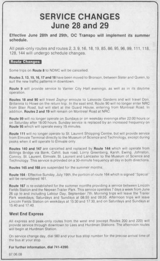 OC Transpo service change June 28, 1987 - 