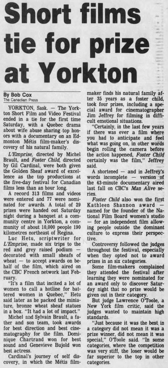 Cox, Bob. Short films tie for prize. The Ottawa Citizen. 30 May 1988. P. 55 - 