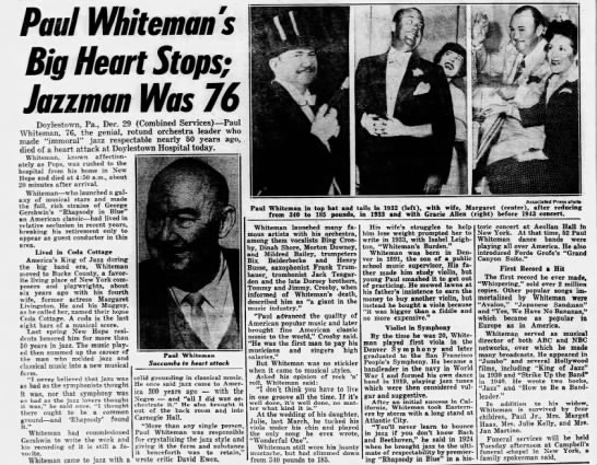Paul Whiteman's Big Heart Stops; Jazzman Was 76 - 