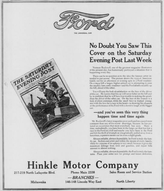 Rockwell’s painting is used as an advertisement for Ford and the Hinkle Motor Company in 1920 - 