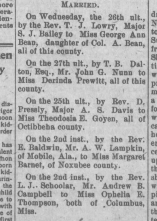 Okolona Messenger, 10 Jun 1903 A.S. Davis married to Theodosia E Goyen - 