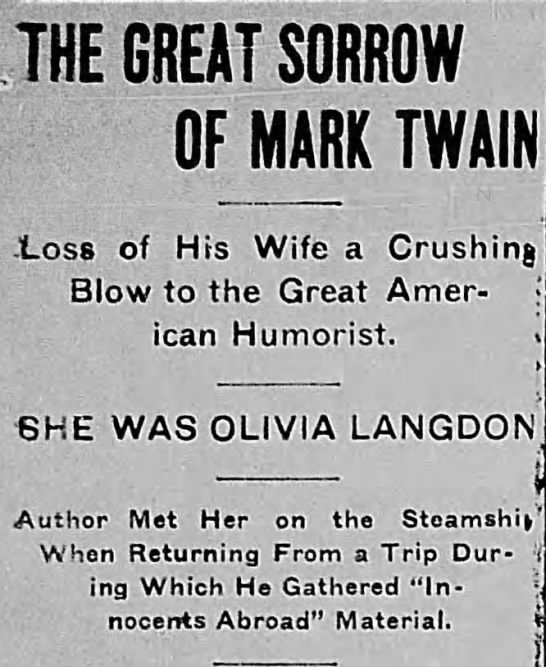 Headline announces the death of Olivia Langdon, wife of Mark Twain - 