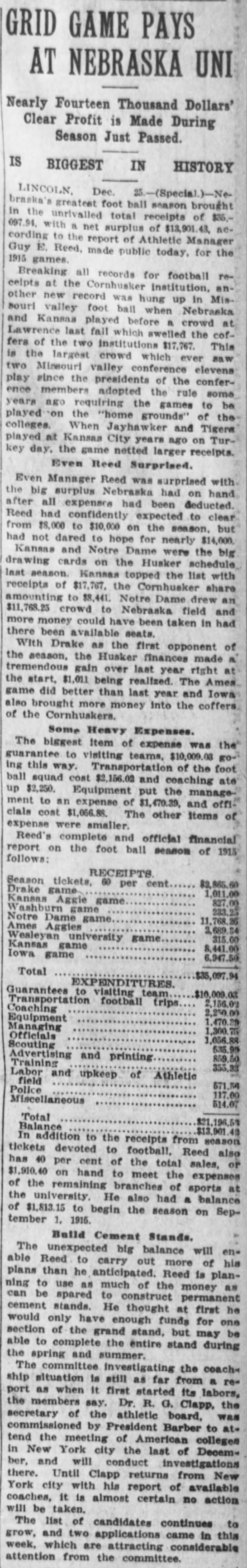 1915 Nebraska football record-high profit - 