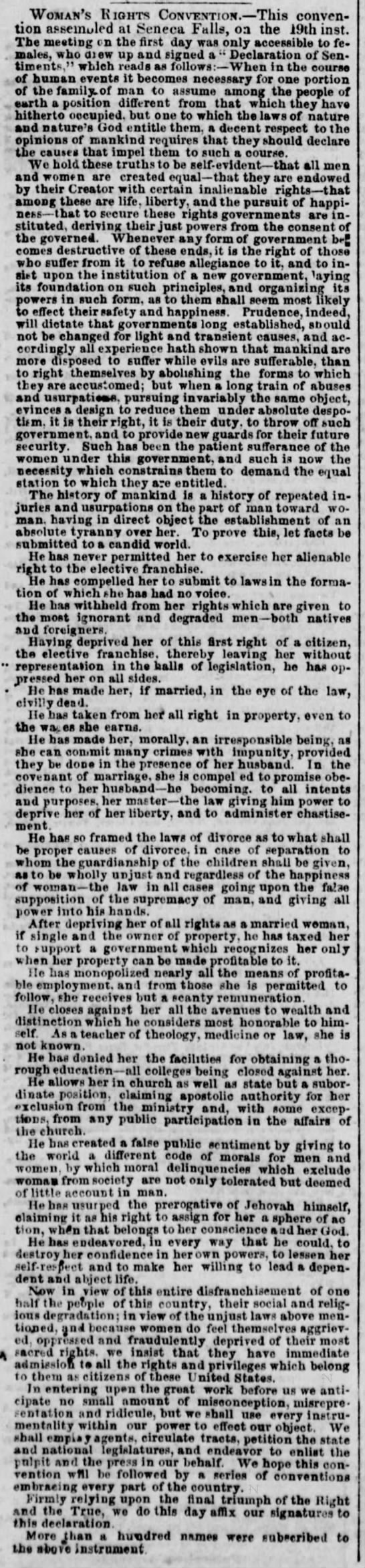 Newspaper publishes "Declaration of Sentiments" from the Seneca Falls Convention in 1848 - 