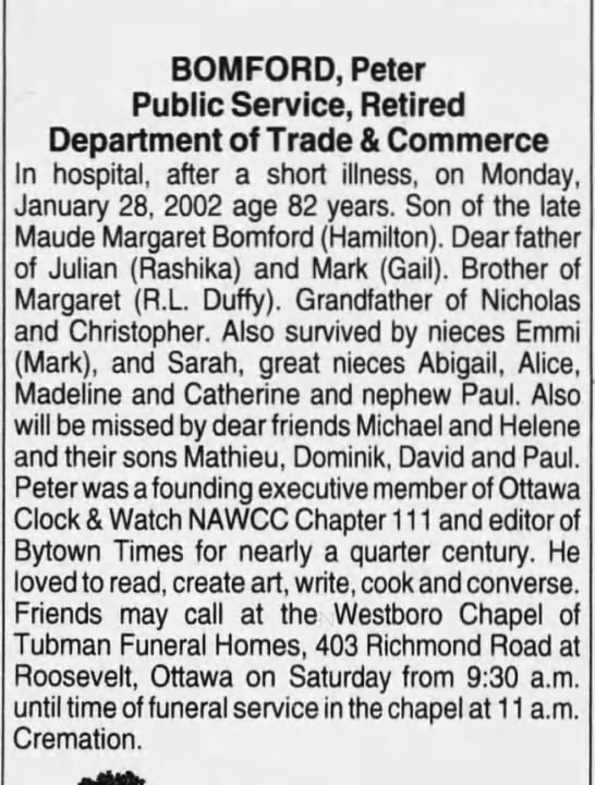 Obituary for Peter Bomford - 