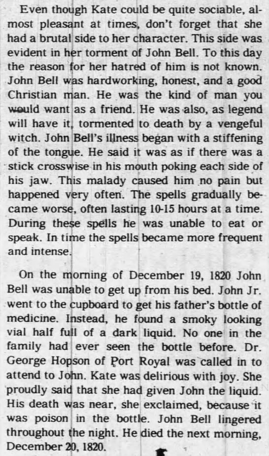Kate "Bell Witch" hated John Bell - 