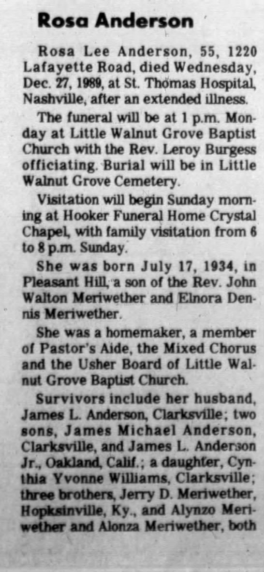 Obituary for Rosa Lee Anderson, 1934-1989 (Aged 55) 