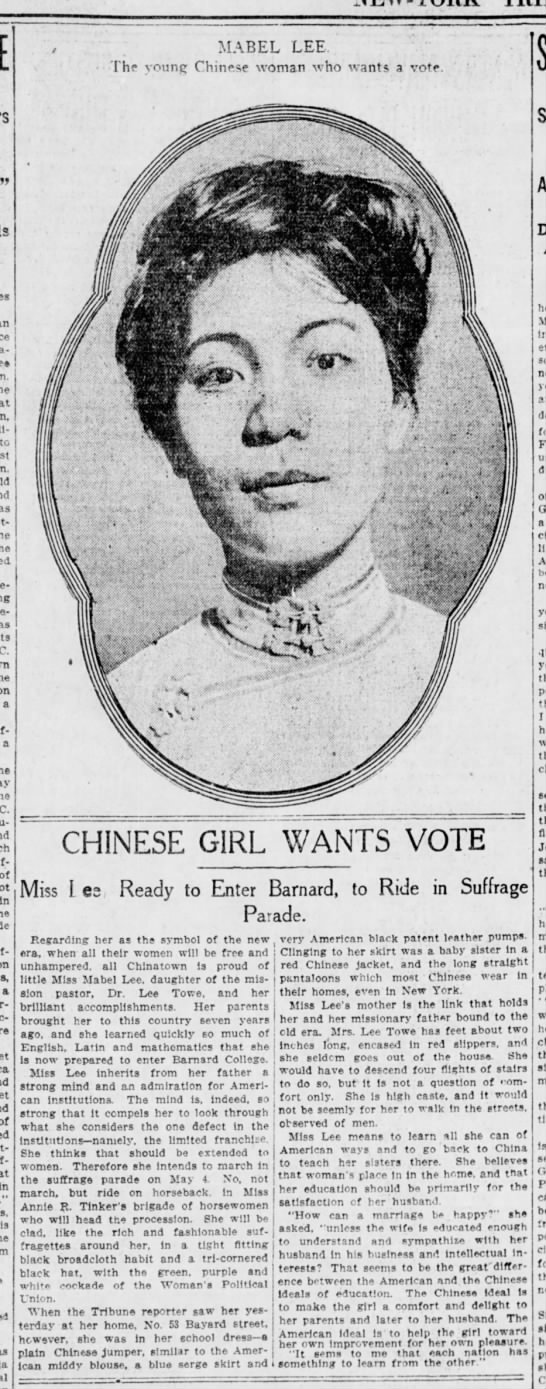 Mabel Ping-Hua Lee voices plans to participate in 1912 New York suffrage parade - 