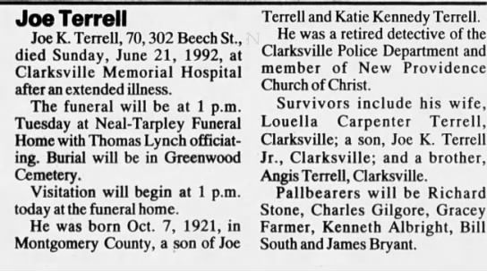Obituary for Joe K. Terrell, 1921-1992 (Aged 70)