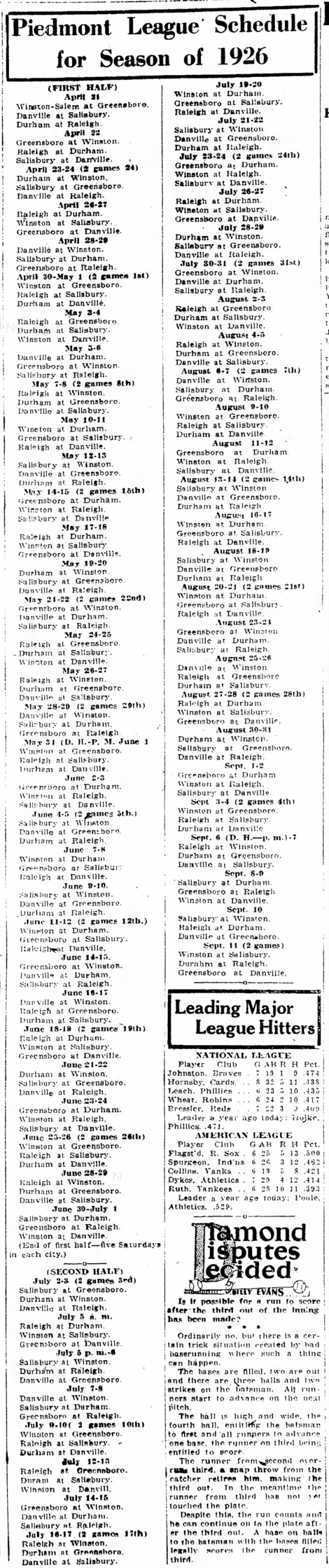 1926 Piedmont League schedule - 