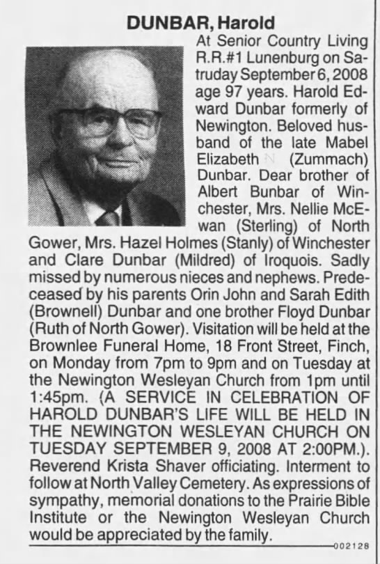 Obituary: Harold Edward Dunbar - 