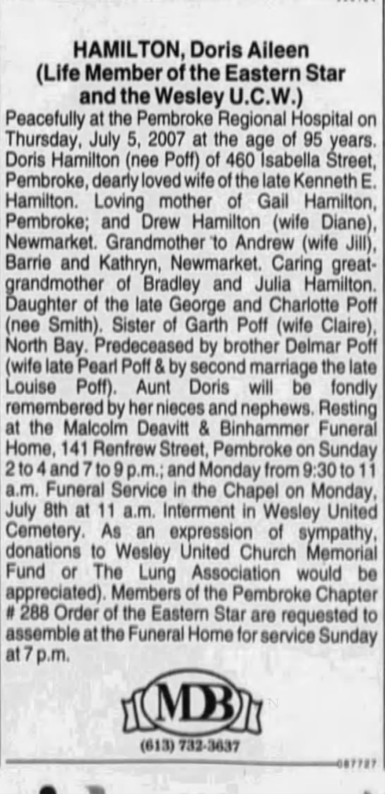Obituary: Doris Aileen HAMILTON nee Poff (Aged 95) - 