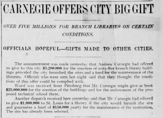 Carnegie to donate 65 libraries to New York City but NYC must create fund to maintain them - 